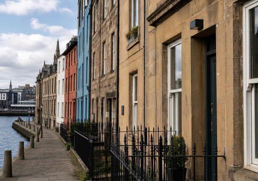 Traditional stone building on Leith Shore, Edinburgh, looking along the waterfront