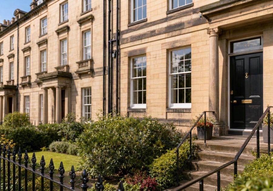 Georgian sandstone townhouse in Edinburgh New Town with railings and a planted front garden